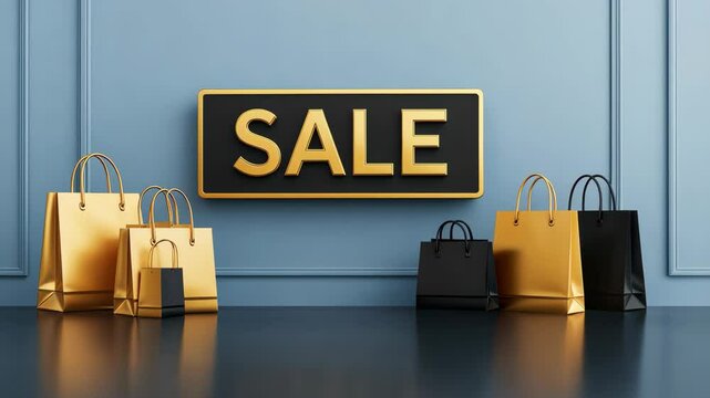 Gold sale sign with shopping bags on stylish blue background.