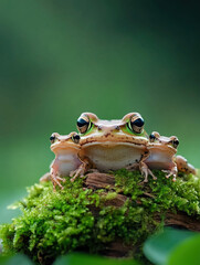 Obraz premium Frog mother with several tiny froglets perched on mossy branch, showcasing nurturing moment in nature