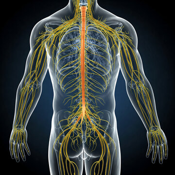 3d rendered illustration of a human body anatomy. An anatomical illustration showing the human nervous system in a transparent body, with nerves and the spinal cord.