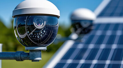 High tech smart surveillance system featuring solar powered CCTV camera with real time monitoring, modern off grid security