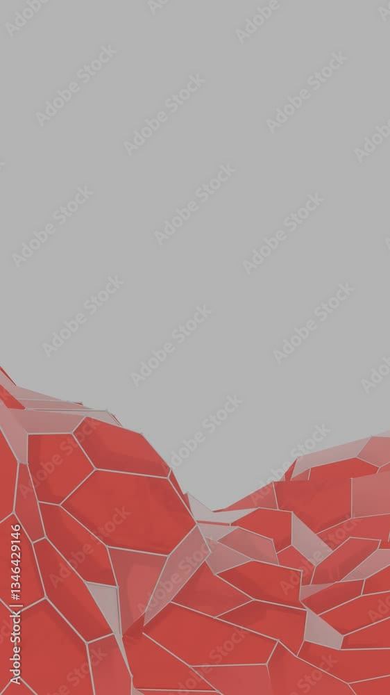 Poster vivid red polygonal surfaces form a low-poly mountain-like landscape on a light background, creating