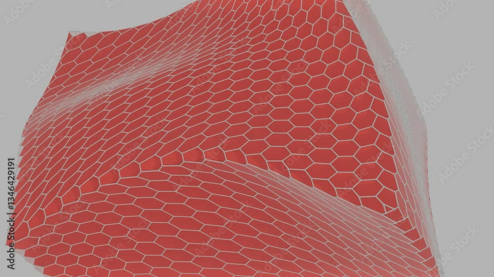 Poster vivid red polygonal surfaces form a low-poly mountain-like landscape on a light background, creating