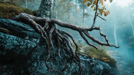 Entwined Roots Emerging From Rocks in Mystical Forest Landscape