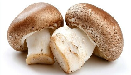 Fototapeta premium Two Freshly Harvested Brown Mushrooms, Agaricus Bisporus, Isolated on White Background.