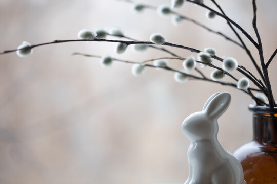easter background with pussy willow and bunny. spring home decor and palm sunday
