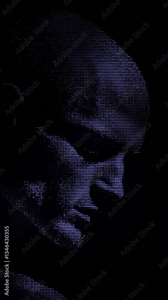 Poster Dark, minimalistic face with subtle digital lines and a mysterious, futuristic aesthetic, capturing a conceptual portrait in a moody, modern style.
