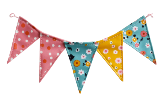 Floral patterned fabric bunting on a clear background