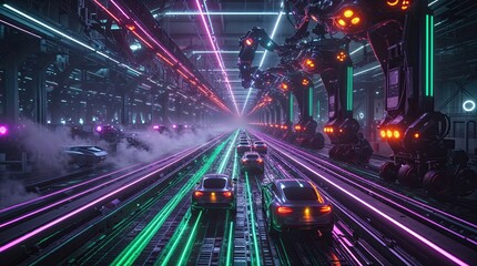 Illuminated by vibrant neon lights, a fleet of autonomous cars moves along assembly lines in a futuristic automotive factory, guided by robotic arms and drones. Issue of human jobs being replaced