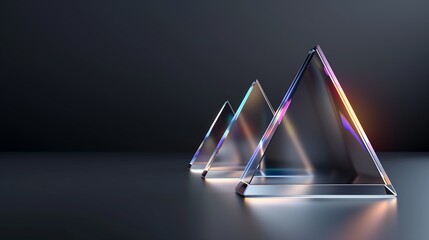 A sleek and modern abstract 3D composition with a row of floating transparent triangular glass plates, glowing edges reflecting holographic colors, a deep black background