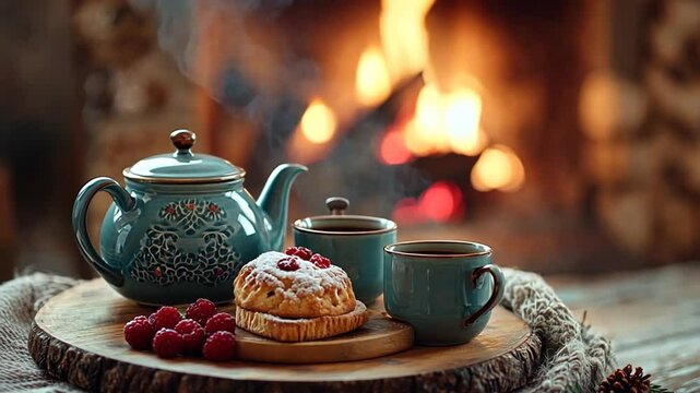 Cozy fireplace ambiance with tea teapot raspberries and cake a perfect winter afternoon relaxation scene
