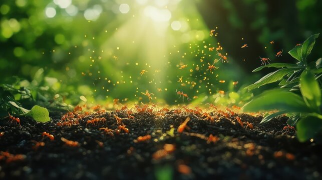 Ants swarming, sunlight, forest floor, nature, spring