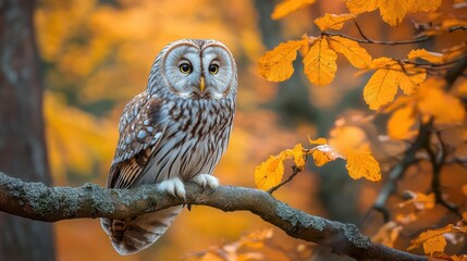 Obraz premium Ural Owl perched on branch, autumn forest, golden leaves, wildlife photography, nature poster