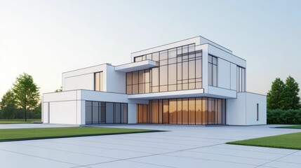 Architectural blueprint of a minimalist  contemporary residential building design spread across a large drafting table  The blueprint showcases the exterior facade  layout