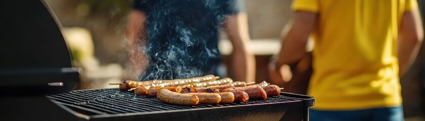 Delicious BBQ grill featuring skewered spicy sausages and crispy bacon, perfect for summer gatherings.