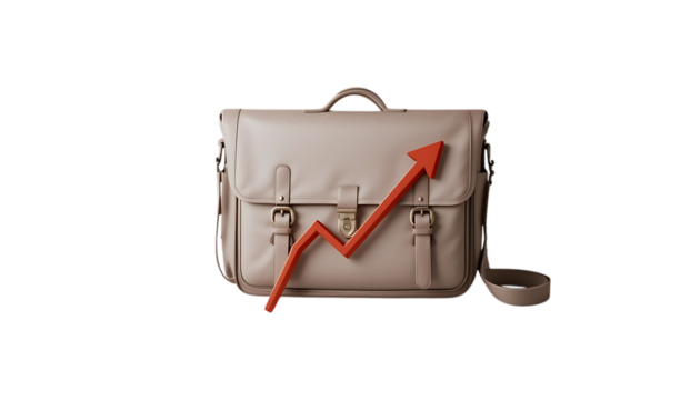brown briefcase featuring a red upward graph symbolizing 