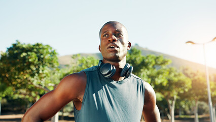 Outdoor, black man and tired with thinking for fitness, cardio challenge and exhausted after...