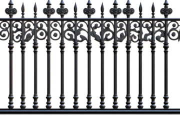 Decorative wrought iron fence with intricate patterns and designs
