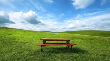 Red picnic table on green hill, bright sky with scattered clouds. Great for summer outdoor dining or vacation background.