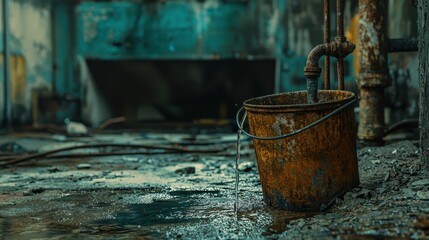 Rusty Bucket on Wet Floor in an Abandoned Industrial Space