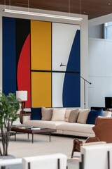 Chic and stylish Memphis style living room with vibrant colors and unique geometric patterns for modern decor.