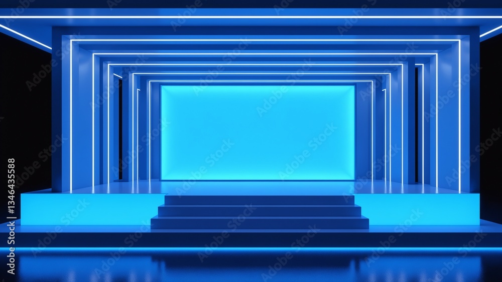 Poster futuristic blue geometric podium sleek minimal product display for advanced tech branding, digital m