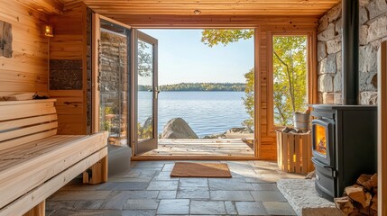 Cozy Cabin Interior with Lake View and Stone Fireplace in Nature