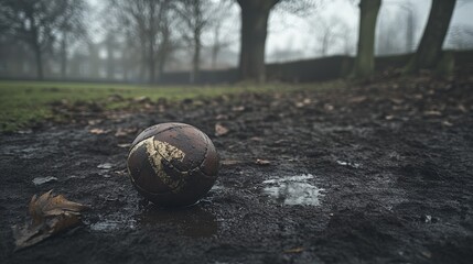 Abandoned Vintage Football on Muddy Ground Surrounded by Trees in Foggy Atmosphere at a Local Park