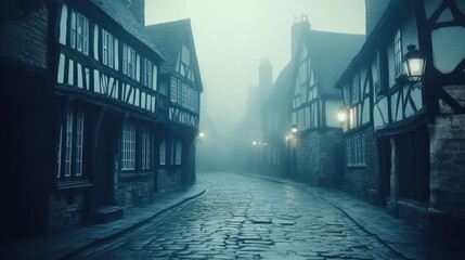 Foggy, cobblestone street, Tudor houses, misty lane, atmospheric, evening, travel, background, design