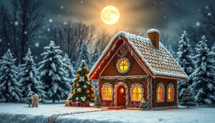 Fototapeta premium Gingerbread house winter wonderland snowy forest night card