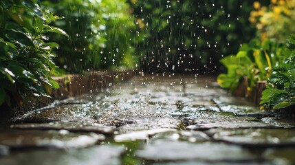 Fototapeta premium Gentle Rainfall on a Cobblestone Pathway in Vibrant Garden Setting
