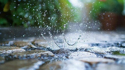 Raindrops Splashing on Stones Creating Ripple Effects in Nature