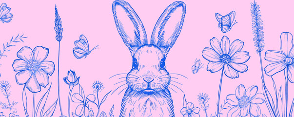 Easter doodle hand drawn coquette poster banner greeting card. Cute bunnies, bows and ribbons, flowers and leaves, basket, eggs. Cottagecore style. Vintage whimsical. Ai generated.