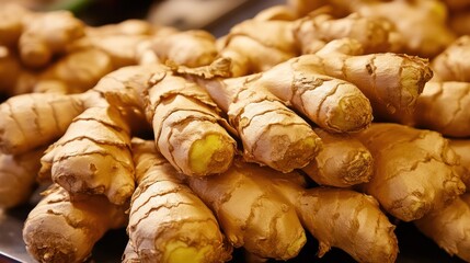 Fresh ginger root pile market stall closeup, vibrant background