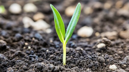 Sprout emerging from rich soil, garden background, new life, agriculture
