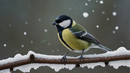 Naklejka premium Great Tit Perched on Snowy Branch During Winter Snowfall Scene