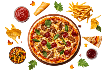 Delicious pizza with toppings and sides on a transparent background