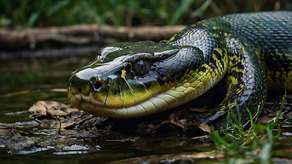 Fototapeta premium Green Anaconda Exploring the Water's Edge a Close Up Wildlife Portrait