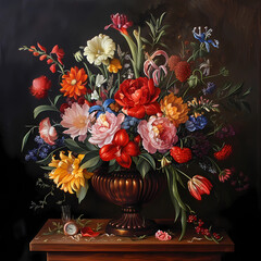 Fototapeta premium Summer floral arrangement in a copper vase vintage style oil on canvas dark background