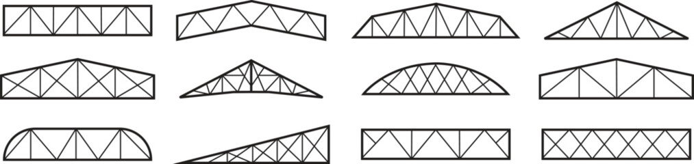 Roof metal truss construction icons set outline styles. Roofing steel frame. Vectors architectural blueprint. Elements for rafter. Illustration for engineering sign isolated on transparent background.