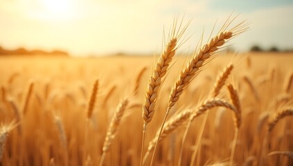 Naklejka premium Close-Up of Ripe Golden Wheat Ears in Warm Afternoon Light