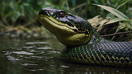 Fototapeta premium Green Snake in Water with Detailed Scales and Natural Background