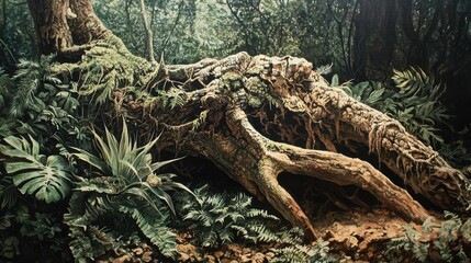 Detailed Roots of Ancient Tree Surrounded by Lush Greenery