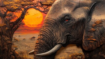 A majestic African elephant close-up, set against a vibrant sunset and savanna landscape. Rich orange hues and intricate details create a dramatic, evocative wildlife scene.. AI Generation