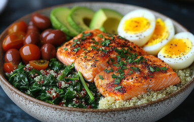 Grilled salmon and quinoa power bowl with avocado and eggs in ceramic bowl.