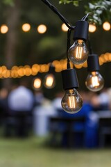 Dozens of antique-style bulbs elegantly hanging from tree branches, creating a charming and nostalgic atmosphere.