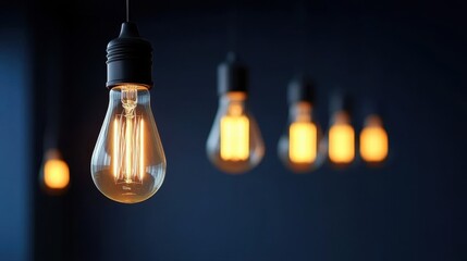 Dozens of modern pendant light bulbs suspended at varying heights, creating a stylish and dynamic lighting display.