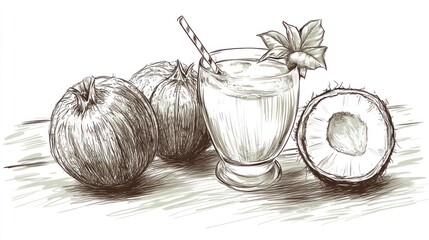 Sketchy coconut smoothie, tropical fruits, wooden table, summer menu design