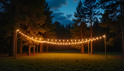 Fairy lights glowing in tranquil forest at night, enchanting ambiance