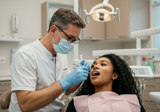 Dentist examining African patient with curly hair. Mask, gloves. Modern clinic. Dental health, care. Check up