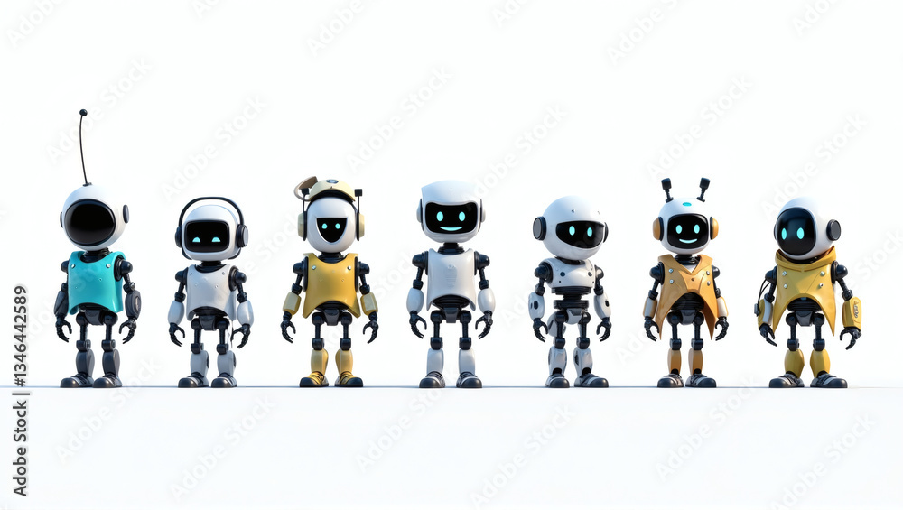 Poster a group of cute robots of different colors and shapes standing in a row